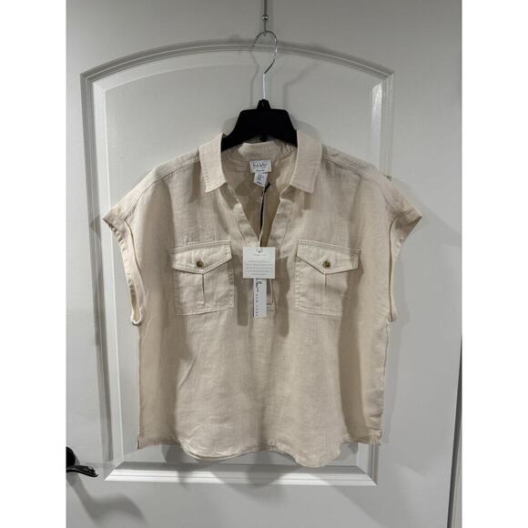 Nicole Miller Linen Top XL Beige Short Sleeve Button Pocket Boho NWT - Picture 4 of 10